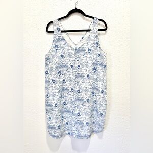 Old Navy linen blend novelty Blue and White Patterned  shift dress L